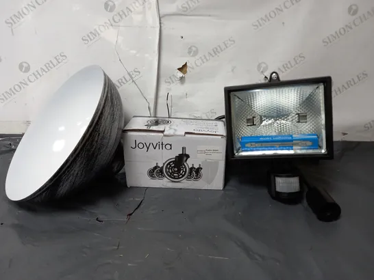 BOX OF APPROXIMATELY 5 ASSORTED ITEMS TO INCLUDE - JOYVITA CHAIR WHEELS , FLOOD LIGHT , LIGHT SHADE ETC