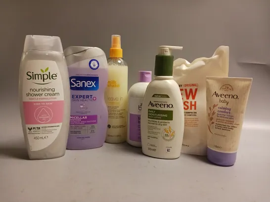 APROXIMATLEY 10 COSMETICS ITEMS TO INCLUDE - HAIRSTORY NEW WASH SHAMPOO - AVEENO MOISTURISING LOTION - MILKSHAKE LEAVE IN CONDITIONER ETC