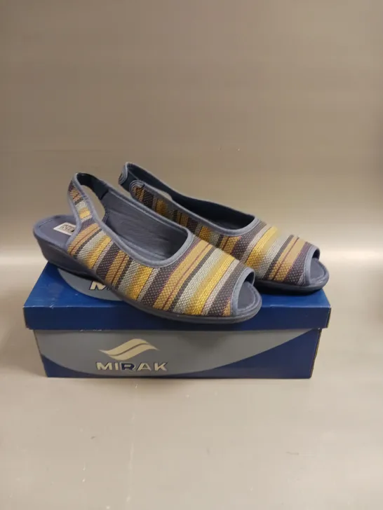 BOXED PAIR OF MIRAK CLASSIC CARLA OPEN TOE SHOES IN BLUE - 7.5