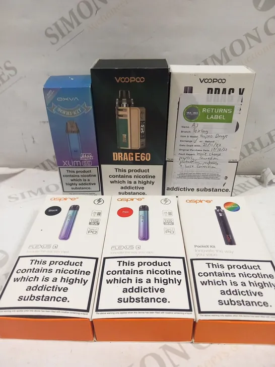 6 ASSORTED BOXED VAPING PRODUCTS TO INCLUDE; VOOPOO, OXVA AND ASPIRE