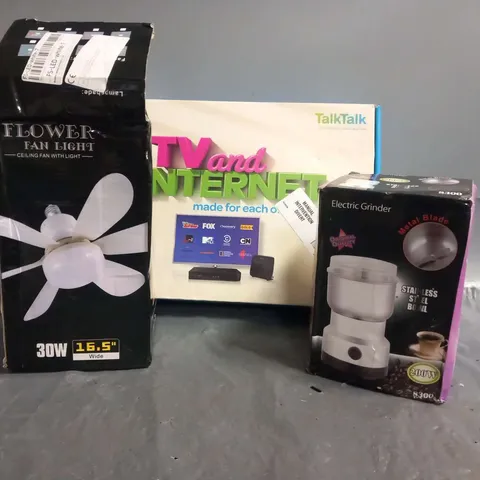 NINE ASSORTED PRODUCTS TO INCLUDE; ELECTRIC GRINDER, FLOWER FAN LIGHT, SWAN KETTLE AND PHONAK CASE