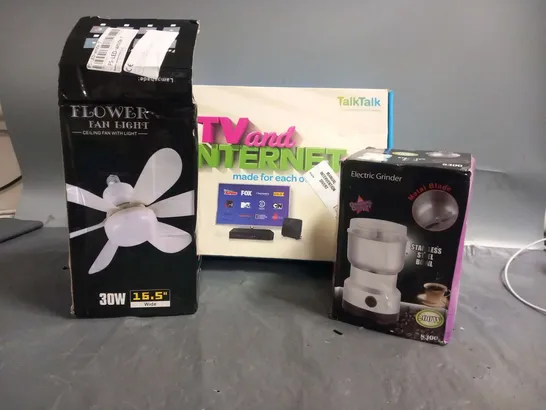 NINE ASSORTED PRODUCTS TO INCLUDE; ELECTRIC GRINDER, FLOWER FAN LIGHT, SWAN KETTLE AND PHONAK CASE