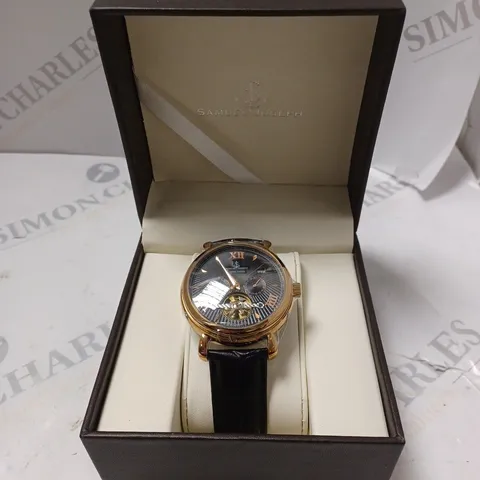 BOXED SAMUEL JOSEPH AUTOMATIC ROSE BLACK WATCH WITH LEATHER STRAP