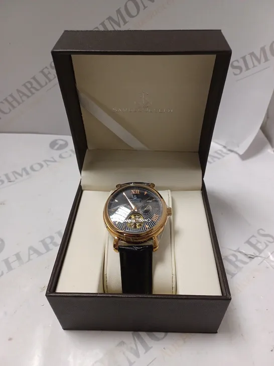 BOXED SAMUEL JOSEPH AUTOMATIC ROSE BLACK WATCH WITH LEATHER STRAP