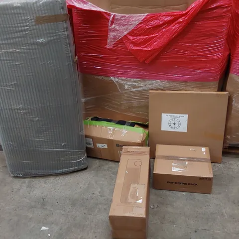 PALLET OF ASSORTED ITEMS INCLUDING: SPACE HEATER, PET BED, FOLDING MATTRESS, DISH DRYING RACK. DIY ROMAN CLOCK ACRYLIC 