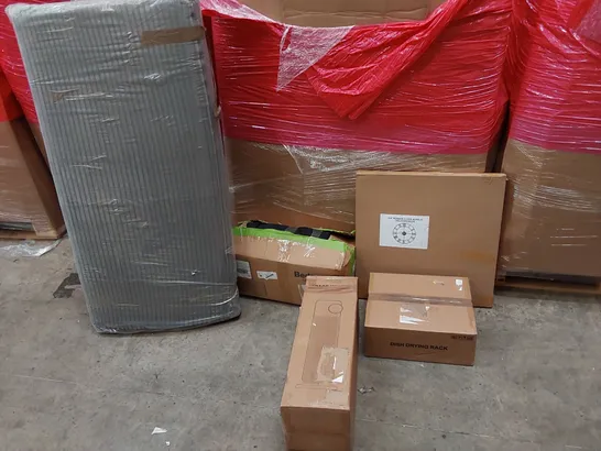 PALLET OF ASSORTED ITEMS INCLUDING: SPACE HEATER, PET BED, FOLDING MATTRESS, DISH DRYING RACK. DIY ROMAN CLOCK ACRYLIC 