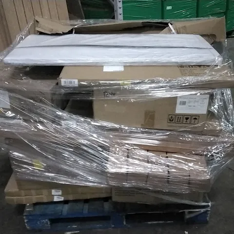 PALLET OF MIXED ASSORTED ITEMS TO INCLUDE CURTAINS, BASIN AND TABLE SAW