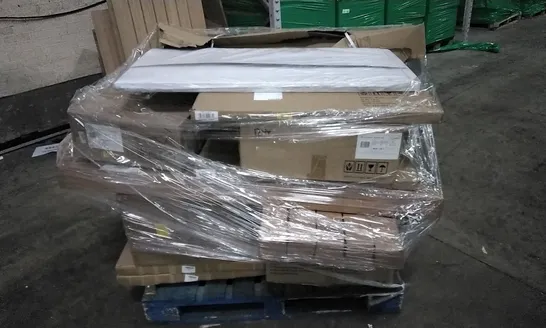 PALLET OF MIXED ASSORTED ITEMS TO INCLUDE CURTAINS, BASIN AND TABLE SAW