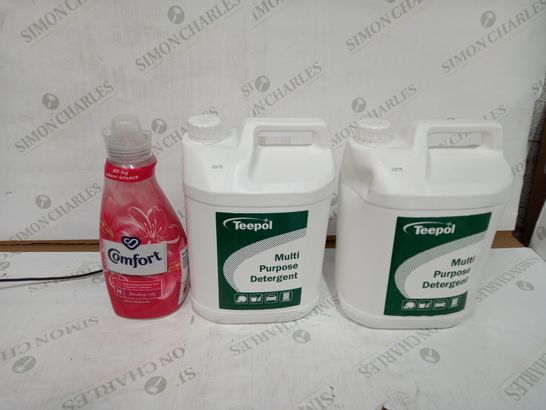 LOT OF 3 BOTTLES OF DETERGENT AND FABRIC SOFTNER TO INCLUDE COMFORT AND TEEPOL