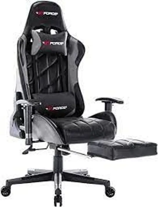 BOXED GT FORCE PROFX LEATHER RACING SPORTS OFFICE CHAIR WITH FOOTSTOOL IN BLACK & GREY