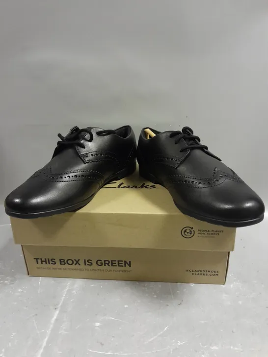 BOXED PAIR OF CLARKS SCALA LACE BLACK LEATHER SHOES - 4.5