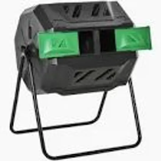 BOXED OUTSUNNY 160L TUMBLING COMPOST BIN OUTDOOR DUAL CHAMBER 360° ROTATING COMPOSTER, GARDEN COMPOST BIN W/ SLIDING DOORS & SOLID STEEL FRAME, BLACK