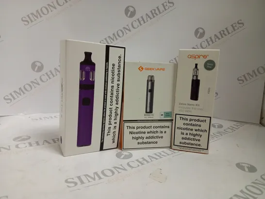 APPROXIMATELY 20 ASSORTED BOXED VAPING PRODUCTS TO INCLUDE INNOKIN ENDURA T20 S, GEEKVAPE WENAX H1, ASPIRE ZELOS NANO KIT ETC. 