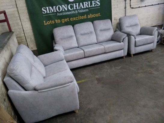 QUALITY BRITISH MADE HARDWOOD FRAMED G-PLAN  SPENCER STINGRAY PLATINUM FABRIC FIXED FRAME THREE SEATER SOFA, TWO SEATER SOFA AND ARMCHAIR