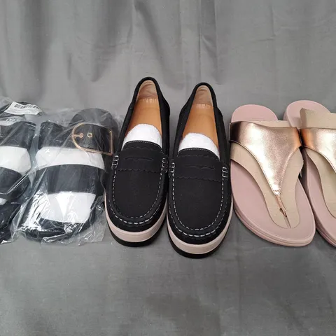 BOX OF APPROXIMATELY 15 ASSORTED PAIRS OF SHOES AND FOOTWEAR ITEMS IN VARIOUS STYLES AND SIZES TO INCLUDE ASOS DESIGN, FITFLOP, ETC