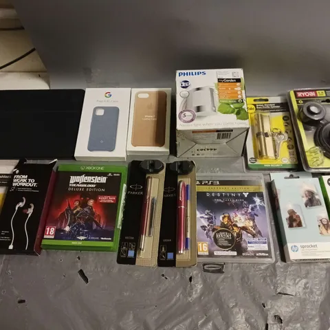 BOX OF APPROXIMATELY 10 ASSORTED HOUSEHOLD GOODS TO INCLUDE APPLE IPHONE 7 CASE, BELKINS LIGHTNING CHARGER, HP SPROCKET, PARKER PENS, AND XBOX ONE WOLFENSTEIN ETC. 