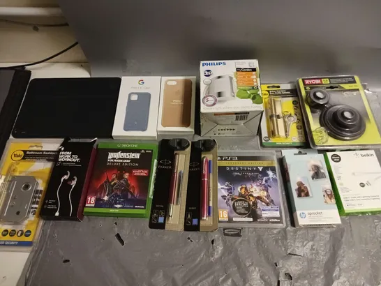 BOX OF APPROXIMATELY 10 ASSORTED HOUSEHOLD GOODS TO INCLUDE APPLE IPHONE 7 CASE, BELKINS LIGHTNING CHARGER, HP SPROCKET, PARKER PENS, AND XBOX ONE WOLFENSTEIN ETC. 