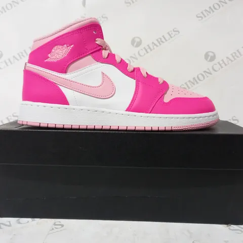 BOXED PAIR OF NIKE AIR JORDAN 1 MID SHOES IN WHITE/PINK UK SIZE 6