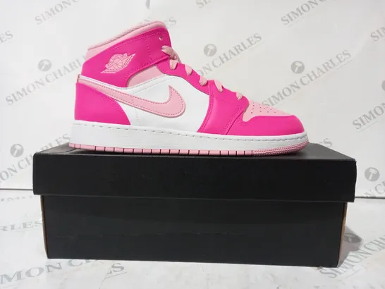 BOXED PAIR OF NIKE AIR JORDAN 1 MID SHOES IN WHITE/PINK UK SIZE 6