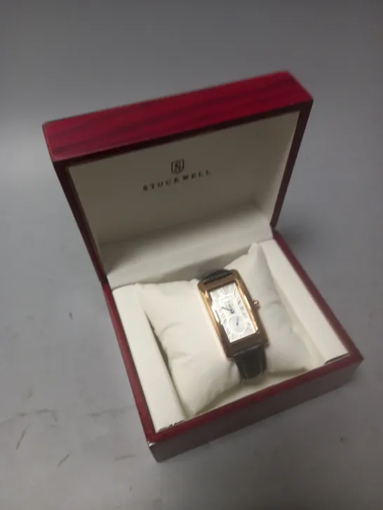 STOCKWELL SQUARE BODIED LADIES WATCH WITH BLACK LEATHER STRAP IN WOODEN GIFT BOX