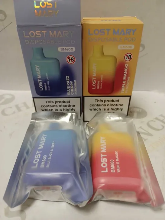 LOT OF 5 LOST MARY DISPOSABLE PODS BM600 TO INCLUDE 4 X TRIPLE MANGO & 1 X BLUERAZZ CHERRY 