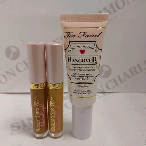 BOX OF 3 TOO FACED ITEMS TO INCLUDE HANGOVER PRIMER, BORN THIS WAY ETERNAL LIGHT CONCEALER