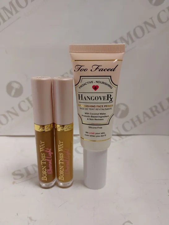 BOX OF 3 TOO FACED ITEMS TO INCLUDE HANGOVER PRIMER, BORN THIS WAY ETERNAL LIGHT CONCEALER