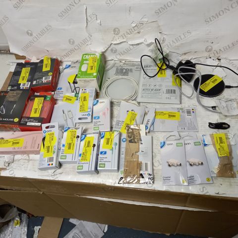 LOT OF APPROX. 25 ASSORTED ELECTRONICS SUCH AS PHONE CABLES, EARPHONES, WIRELESS MOUSE ETC