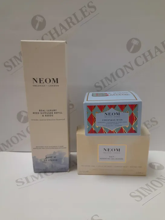 LOT OF 3 NEOM PRODUCTS TO INCLUDE REAL LUXURY REED DIFFUSER, CHRISTMAS WISH SCENTED CANDLE, 24/7 ESSENTIAL OIL BLENDS 