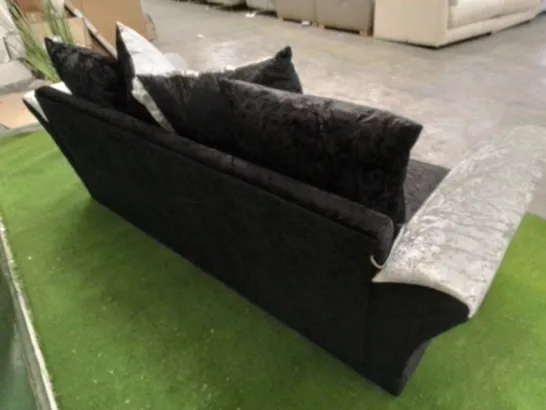 DESIGNER ZULU SILVER AND BLACK CRUSHED VELVET THREE SEATER SOFA