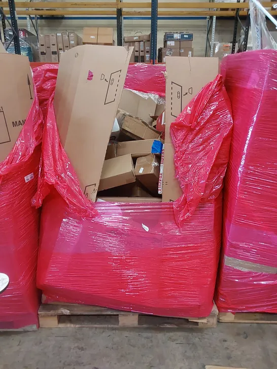 PALLET OF ASSORTED HOUSEHOLD ITEMS AND CONSUMER PRODUCTS TO INCLUDE; KNITTING MACHINE, DUAL MONITOR STAND, GARDEN SHEER ETC