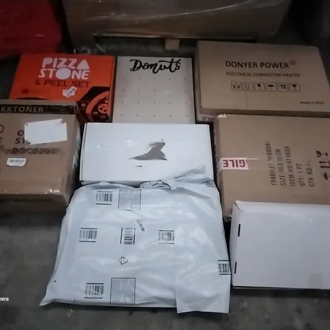 PALLET OF ASSORTED ITEMS INCLUDING DONYER POWER ELECTRICAL CONVECTOR HEATER, PIZZA STONE & PEEL SET, KKTONER OFFICE STOOL, PROFESSIONAL METAL DETECTOR, VPCOK AIR FRYER, OUTDOOR METAL SIDE TABLE ATROV 