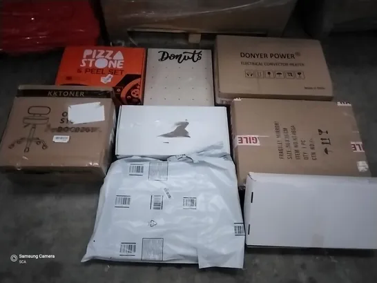 PALLET OF ASSORTED ITEMS INCLUDING DONYER POWER ELECTRICAL CONVECTOR HEATER, PIZZA STONE & PEEL SET, KKTONER OFFICE STOOL, PROFESSIONAL METAL DETECTOR, VPCOK AIR FRYER, OUTDOOR METAL SIDE TABLE ATROV 