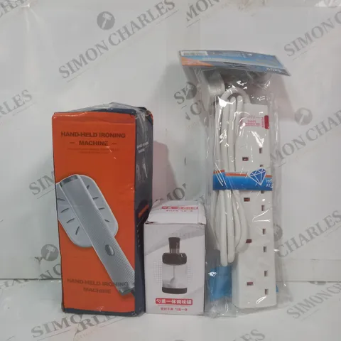 BOX OF APPROXIMATELY 15 ASSORTED HOUSEHOLD ITEMS TO INCLUDE EXTENSION LEAD, SEASONING JAR, HAND-HELD IRONING MACHINE, ETC