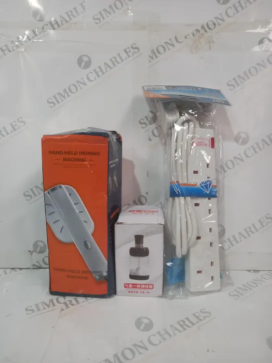 BOX OF APPROXIMATELY 15 ASSORTED HOUSEHOLD ITEMS TO INCLUDE EXTENSION LEAD, SEASONING JAR, HAND-HELD IRONING MACHINE, ETC