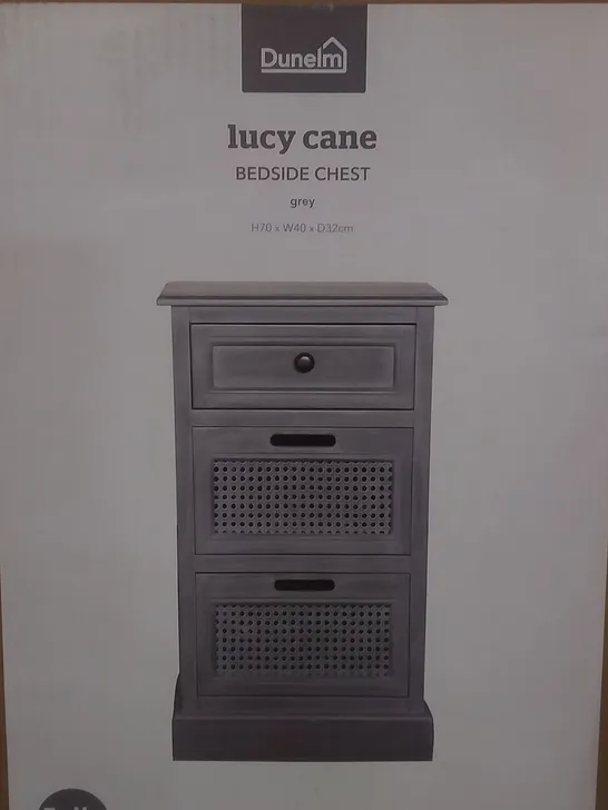 BOXED LUCY CANE BEDSIDE CHEST IN GREY - H70 X W40 X D32CM