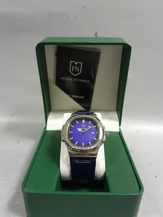 BOXED FRANK SCHMIDT WATCH 3ATM WATER RESISTANT BLUE DIAL WATCH WITH NAVY STRAP 