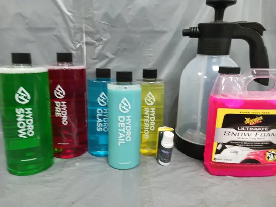 APROXIMATELY 10 CAR CLEANING PRODUCTS TO INCLUDE; SNOW FOAM, HYDRO DETAIL AND LARGE PRESSURE BOTTLE