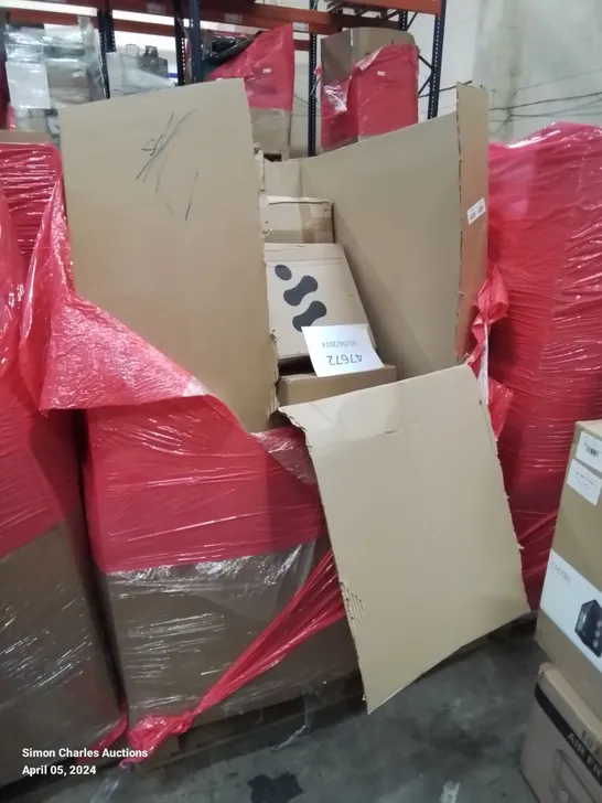 PALLET OF ASSORTED HOUSEHOLD GOODS AND PRODUCTS TO INCLUDE; DUMBELL BENCH, GAMING COMPUTER CASE, AIR FRYER, BEDSIDE TABLE, CASH DRAWER ETC