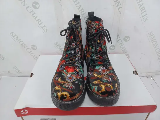 BOXED PAIR OF RIEKER LACE UP BOOTS MULTI/FLORAL PATTERN - SIZE 38