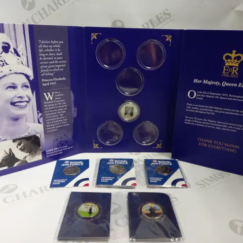 BOX OF APPROX 5 COLLECTABLE COINS INCLUDING QUEEN ELIZABETH COLLECTOR BOOK, RAF COMMEMORATIVE COINS AND KING CHARLES COMMEMORATIVE COINS