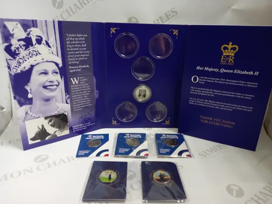 BOX OF APPROX 5 COLLECTABLE COINS INCLUDING QUEEN ELIZABETH COLLECTOR BOOK, RAF COMMEMORATIVE COINS AND KING CHARLES COMMEMORATIVE COINS