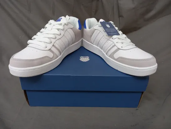 BOXED PAIR OF K.SWISS SHOES IN WHITE/GREY/BLUE UK SIZE 11