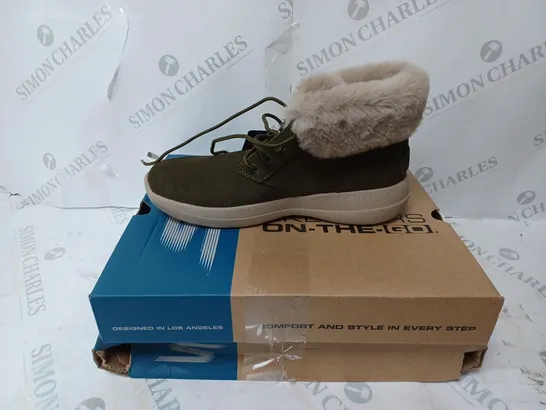 BOXED SKECHERS GO WALK STABILITY SUEDE BOOTS, OLIVE - SIZE 3