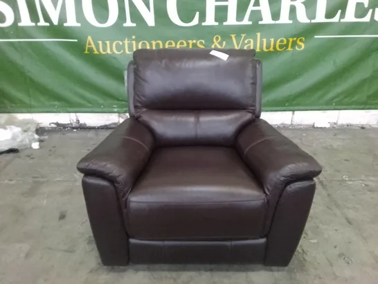 QUALITY DESIGNER MANUAL RECLINER ARMCHAIR - DARK BROWN LEATHER 