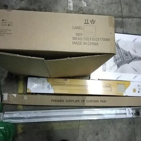 PALLET OF ASSORTED ITEMS INCLUDING ROTISSERIE RING KIT, INDOR OUTDOOR GATE, CURTAIN ROD, ROLLER BLIND, A2/A3 PICTURE FRAME