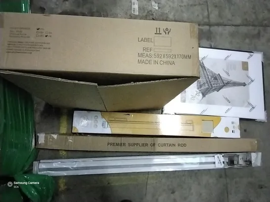 PALLET OF ASSORTED ITEMS INCLUDING ROTISSERIE RING KIT, INDOR OUTDOOR GATE, CURTAIN ROD, ROLLER BLIND, A2/A3 PICTURE FRAME