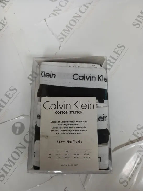 SET OF 3 BOXED CALVIN KLEIN COTTON STRETCH LOW RISE TRUNKS - BLACK WITH WHITE BAND - SMALL