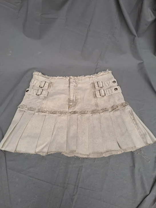 RECLAIMED VINTAGE LIMITED EDITION DISTRESSED DENIM KILT SKIRT IN SAND SIZE 12