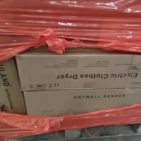 PALLET OF ASSORTED ITEMS INCLUDING DRYWALL SANDER, ELECTRIC CLOTHES DRYER, ULAND ARTIFICAL HEDGE, TIMBER RIDGE FOLDING CHAIR